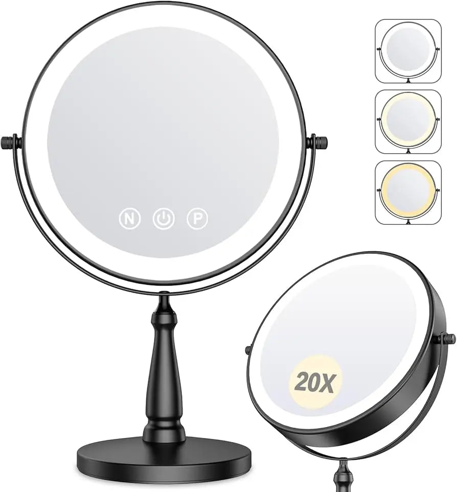 MIYADIVA Espejo de Maquillaje con Luz LED 3 Colores | Aumento 20X | Doble Cara