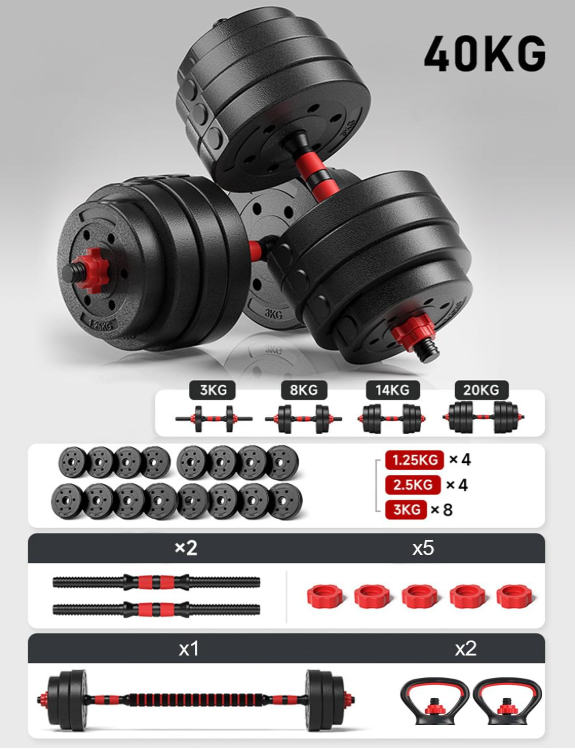 Kit de Mancuernas Ajustables 40Kg | Pesas Regulables con Barra | Set Fitness en Casa